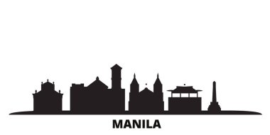 Filipinler, Manila şehri silueti izole vektör çizimi. Filipinler ve Manila siyah şehirlere seyahat eder