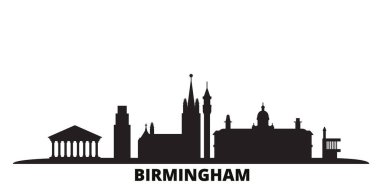 Birleşik Krallık, Birmingham şehrinin ufuk çizgisi izole edilmiş vektör çizimi. Birleşik Krallık ve Birmingham siyah şehirlere seyahat ediyor