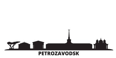 Rusya, Petrozavodsk şehri silueti izole edilmiş vektör çizimi. Rusya ve Petrozavodsk siyah şehir manzarası ile seyahat ediyor