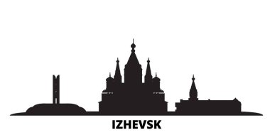 Rusya, İzhevsk şehri izole edilmiş vektör çizimi silsilesi. Rusya ve İzhevsk siyah şehir manzarası ile seyahat ediyor