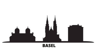 İsviçre, Basel şehri silueti izole vektör çizimi. İsviçre ve Basel siyah şehir manzarası ile seyahat ediyor