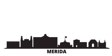 Meksika, Merida şehrinin ufuk çizgisi izole vektör çizimi. Meksika ve Merida siyah şehir manzarası ile seyahat ediyor