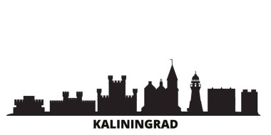 Rusya, Kaliningrad şehri silueti izole edilmiş vektör çizimi. Rusya ve Kalininingrad siyah şehir manzarası ile seyahat ediyor