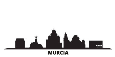 İspanya, Murcia şehri silueti izole edilmiş vektör çizimi. İspanya ve Murcia siyah şehir manzarasıyla seyahat ediyor