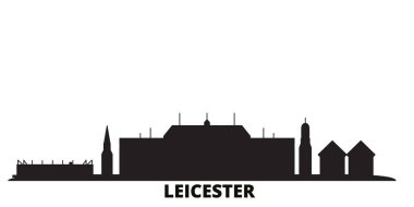 Birleşik Krallık, Leicester şehrinin silueti izole edilmiş vektör çizimi. Birleşik Krallık ve Leicester siyah şehir manzarası ile seyahat ediyor