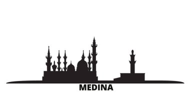 Suudi Arabistan, Medine şehrinin silueti izole edilmiş vektör çizimi. Suudi Arabistan ve Medine siyah şehir manzarası ile seyahat ediyor