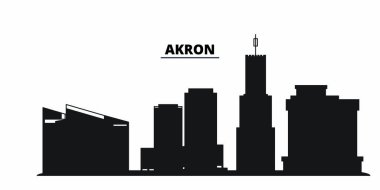 Birleşik Devletler, Akron City silueti izole vektör çizimi. Amerika Birleşik Devletleri ve Akron Şehri siyah şehir manzarası ile seyahat ediyor