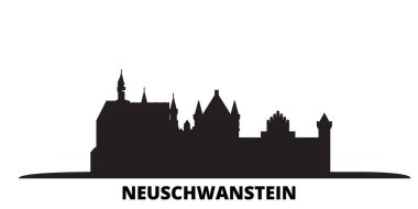 Almanya, Neuschwanstein şehri silueti izole edilmiş vektör çizimi. Almanya ve Neuschwanstein siyah şehir manzarası ile seyahat ediyor