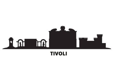 İtalya, Tivoli şehri silueti izole edilmiş vektör çizimi. İtalya ve Tivoli siyah şehir manzarası ile seyahat ediyor