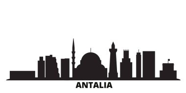 Türkiye ve Antalya 'nın silueti izole edilmiş vektör çizimi. Türkiye ve Antalya siyah şehir manzarası ile seyahat ediyorlar