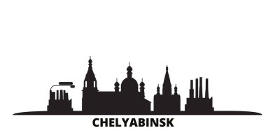 Rusya, Chelyabinsk şehri silueti izole edilmiş vektör çizimi. Rusya ve Chelyabinsk siyah şehir manzarası ile seyahat ediyor