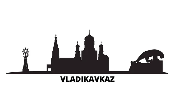 Rusia, ciudad de Vladikavkaz skyline ilustración vectorial aislado. Rusia, Vladikavkaz viaje negro paisaje urbano — Vector de stock