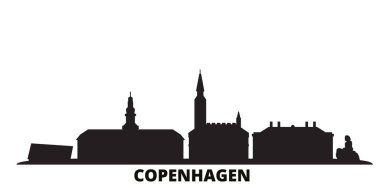 Danimarka, Kopenhag şehri silueti izole edilmiş vektör çizimi. Danimarka ve Kopenhag siyah şehir manzarası ile seyahat ediyor