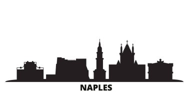 İtalya, Napoli şehir silueti izole vektör çizimi. İtalya ve Napoli siyah şehir manzarası ile seyahat ediyor