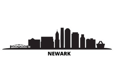 Birleşik Devletler, Newark şehrinin ufuk çizgisi izole edilmiş vektör çizimi. ABD ve Newark siyah şehir manzarası ile seyahat ediyor