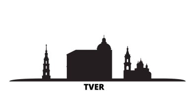 Rusya, Tver şehri silueti izole edilmiş vektör çizimi. Rusya ve Tver siyah şehir manzarası ile seyahat ediyor