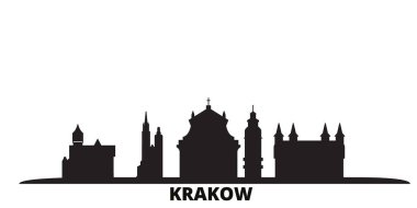 Polonya, Krakow şehri silueti izole edilmiş vektör çizimi. Polonya ve Krakow siyah şehir manzarası ile seyahat ediyor