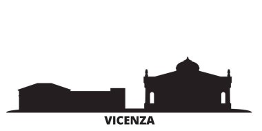 İtalya, Vicenza şehri silueti izole edilmiş vektör çizimi. İtalya ve Vicenza siyah şehir manzarası ile seyahat ediyor