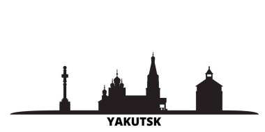 Rusya, Yakutsk şehri silueti izole edilmiş vektör çizimi. Rusya ve Yakutsk siyah şehir manzarası ile seyahat ediyor
