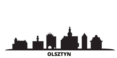 Polonya, Olsztyn şehri silueti izole edilmiş vektör çizimi. Polonya ve Olsztyn siyah şehir manzarası ile seyahat ediyorlar