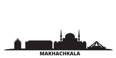 Rusya, Makhachkala şehri izole edilmiş vektör çizimi. Rusya ve Makhachkala siyah şehir manzarası ile seyahat ediyor