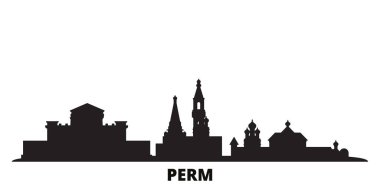 Rusya, Perm City silueti izole vektör çizimi. Rusya ve Perma siyah şehir manzarası
