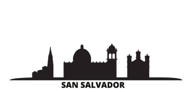 El Salvador, San Salvador şehir silueti izole vektör çizimi. El Salvador, San Salvador Siyah Şehir Bölgesi
