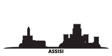 İtalya, Assisi şehrinin silueti izole edilmiş vektör çizimi. İtalya ve Assisi siyah şehir manzarası ile seyahat ediyorlar