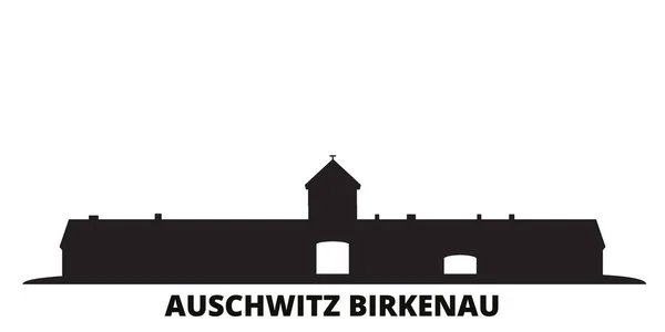 Polonia, Auschwitz Birkenau ciudad skyline ilustración vectorial aislado. Polonia, Auschwitz Birkenau viajes negro paisaje urbano — Archivo Imágenes Vectoriales