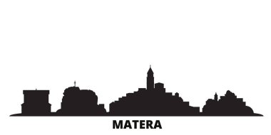 İtalya, Matera şehrinin silueti izole edilmiş vektör çizimi. İtalya ve Matera siyah şehir manzarasında seyahat ediyor