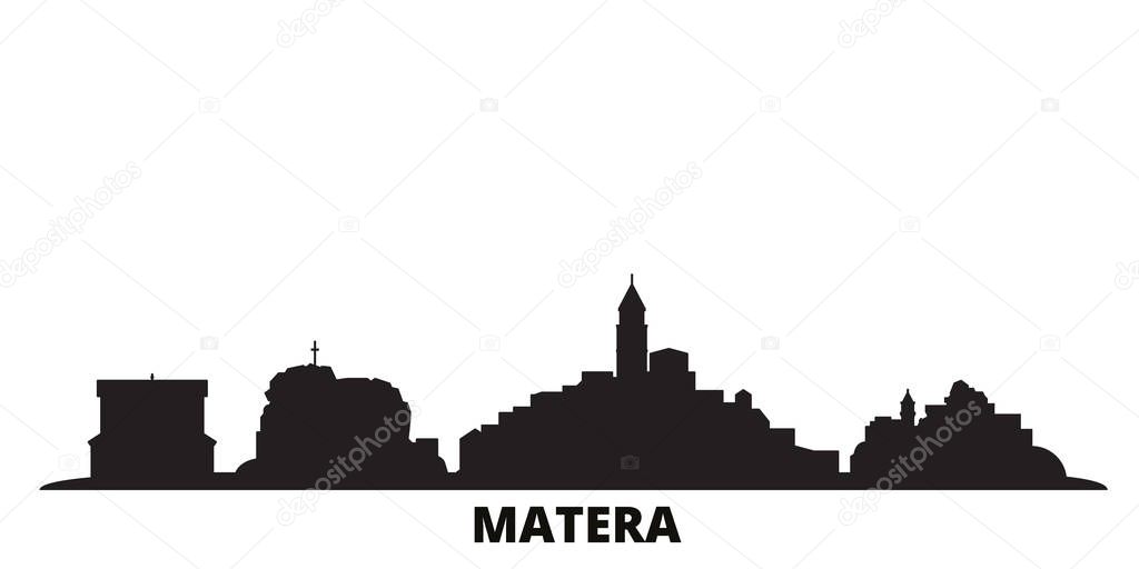 Italy, Matera city skyline isolated vector illustration. Italy, Matera travel black cityscape