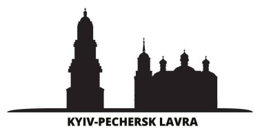 Ukrayna, Kyiv, Pechersk Lavra şehri silueti izole vektör çizimi. Ukrayna, Kyiv, Pechersk Lavra siyah şehirleri gezer
