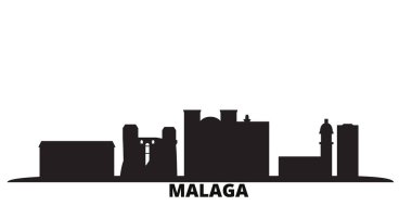 İspanya, Malaga şehri silueti izole edilmiş vektör çizimi. İspanya ve Malaga siyah şehirlere seyahat ediyor