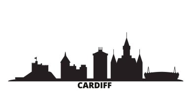 Birleşik Krallık, Cardiff şehri silueti izole edilmiş vektör çizimi. Birleşik Krallık ve Cardiff siyah şehir manzarası ile seyahat ediyor