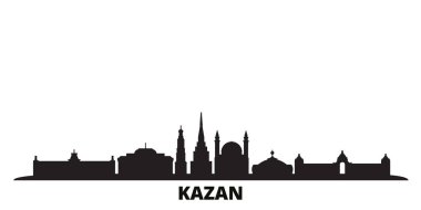 Rusya ve Kazan şehri silueti izole edilmiş vektör çizimi. Rusya ve Kazan siyah şehir manzarası ile seyahat ediyor