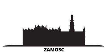 Polonya, Zamosc şehri izole edilmiş vektör çizimi silsilesi. Polonya ve Zamosc siyah şehir manzarası ile seyahat ediyorlar