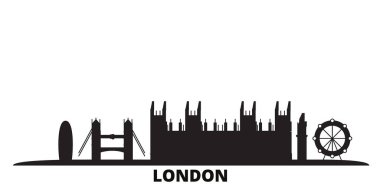 Birleşik Krallık, Londra City silueti izole vektör çizimi. Birleşik Krallık, Londra Şehri siyah şehir manzarası ile seyahat ediyor