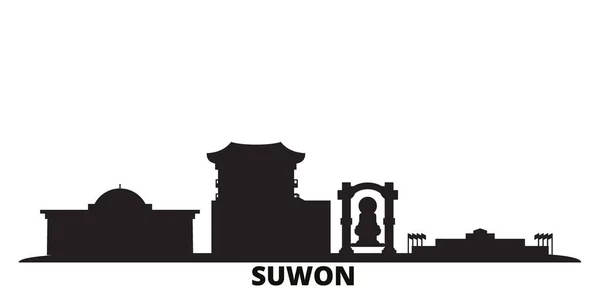 Korea Selatan, Suwon skyline mengisolasi ilustrasi vektor. Korea Selatan, Suwon melakukan perjalanan kota hitam - Stok Vektor