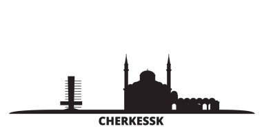 Rusya, Cherkessk şehri silueti izole edilmiş vektör çizimi. Rusya ve Çerkessk siyah şehir manzarası ile seyahat ediyor