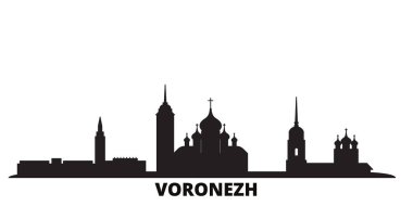 Rusya, Voronezh şehri silueti izole edilmiş vektör çizimi. Rusya ve Voronezh siyah şehir manzarası ile seyahat ediyorlar