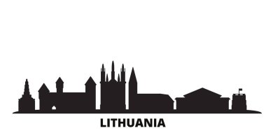 Litvanya şehrinin silueti izole edilmiş vektör çizimi. Litvanya siyah şehir manzarası ile seyahat eder