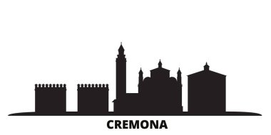 İtalya, Cremona şehrinin silueti izole edilmiş vektör çizimi. İtalya ve Cremona siyah şehir manzarası ile seyahat ediyor