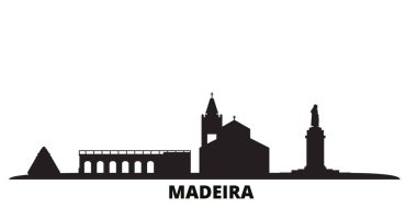Portekiz, Madeira şehrinin silueti izole edilmiş vektör çizimi. Portekiz ve Madeira siyah şehirlerde seyahat ediyor