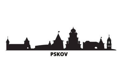 Rusya, Pskov şehri izole edilmiş vektör çizimi silsilesi. Rusya ve Pskov siyah şehir manzarası ile seyahat ediyorlar