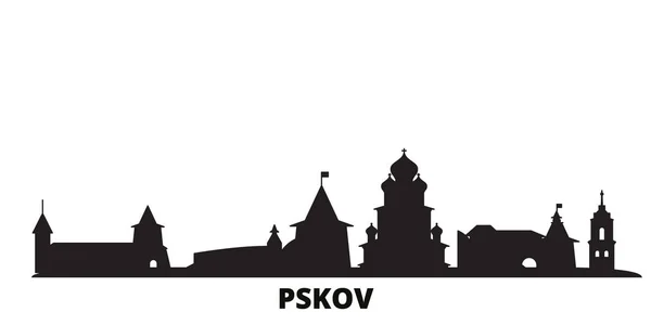 Rusia, ciudad de Pskov skyline ilustración vectorial aislado. Rusia, Pskov viaje negro paisaje urbano — Vector de stock
