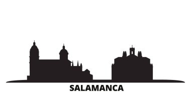 İspanya, Salamanca şehri silueti izole edilmiş vektör çizimi. İspanya ve Salamanca siyah şehirlere seyahat ediyor
