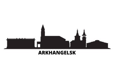 Rusya, Arkhangelsk şehri silueti izole edilmiş vektör çizimi. Rusya ve Arkhangelsk siyah şehir manzarası ile seyahat ediyor
