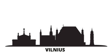 Litvanya, Vilnius şehri silueti izole edilmiş vektör çizimi. Litvanya ve Vilnius siyah şehirlerde dolaşır