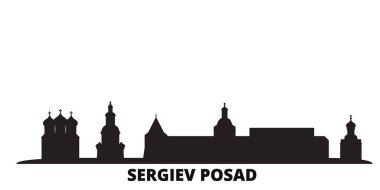 Rusya, Sergiev Posad şehri silueti izole edilmiş vektör çizimi. Rusya ve Sergiev Posad siyah şehir manzarası ile seyahat ediyor