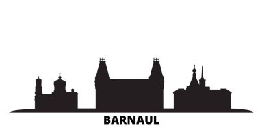 Rusya, Barnaul şehri silueti izole edilmiş vektör çizimi. Rusya ve Barnaul siyah şehir manzarası ile seyahat ediyor
